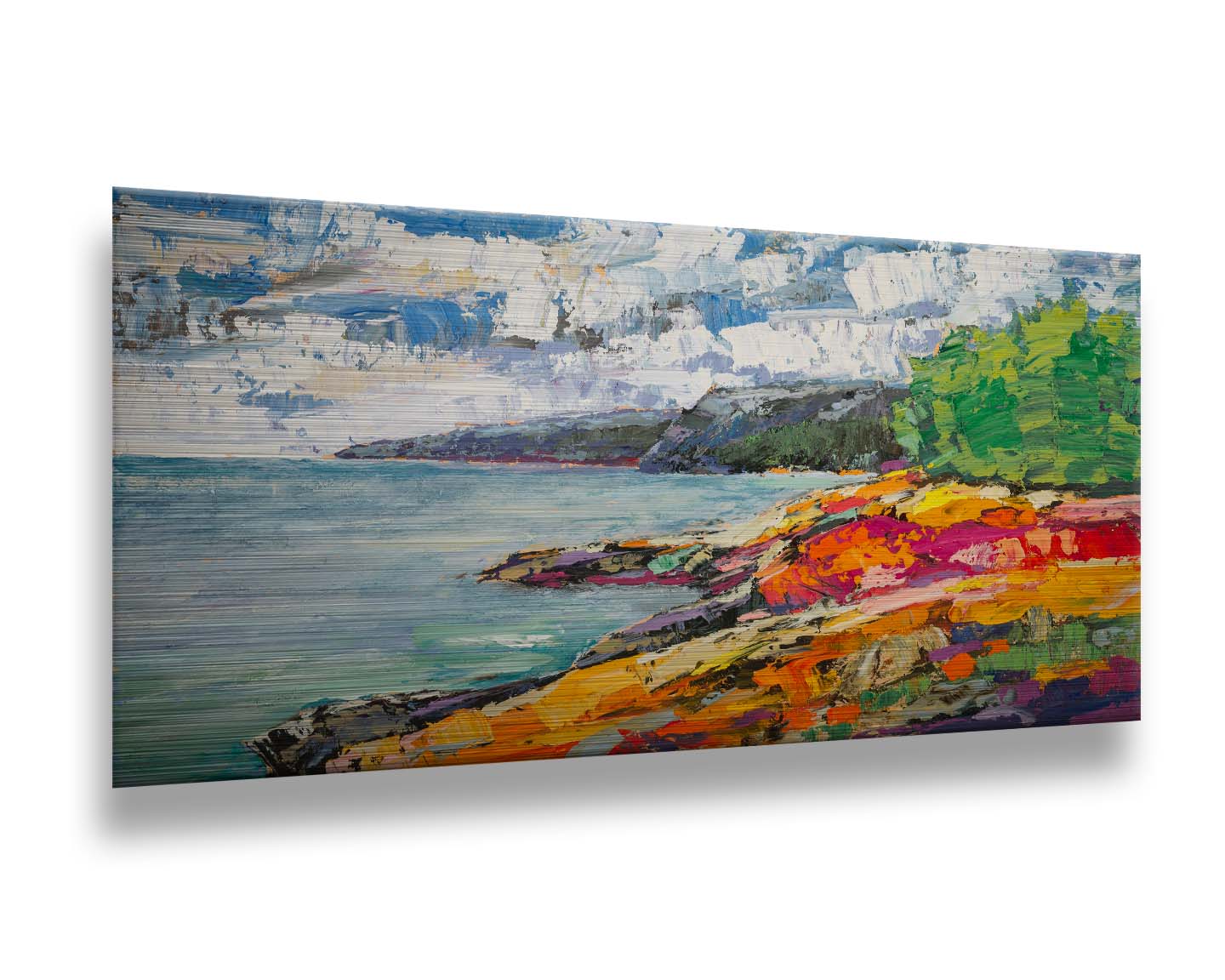 A landscape painting of a beach. The smooth water, painted in local color, is contrasted by the brushstroke-textured beach, painted in arbitrary color. Printed on metal.