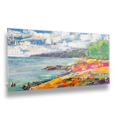 A landscape painting of a beach. The smooth water, painted in local color, is contrasted by the brushstroke-textured beach, painted in arbitrary color. Printed on acrylic.