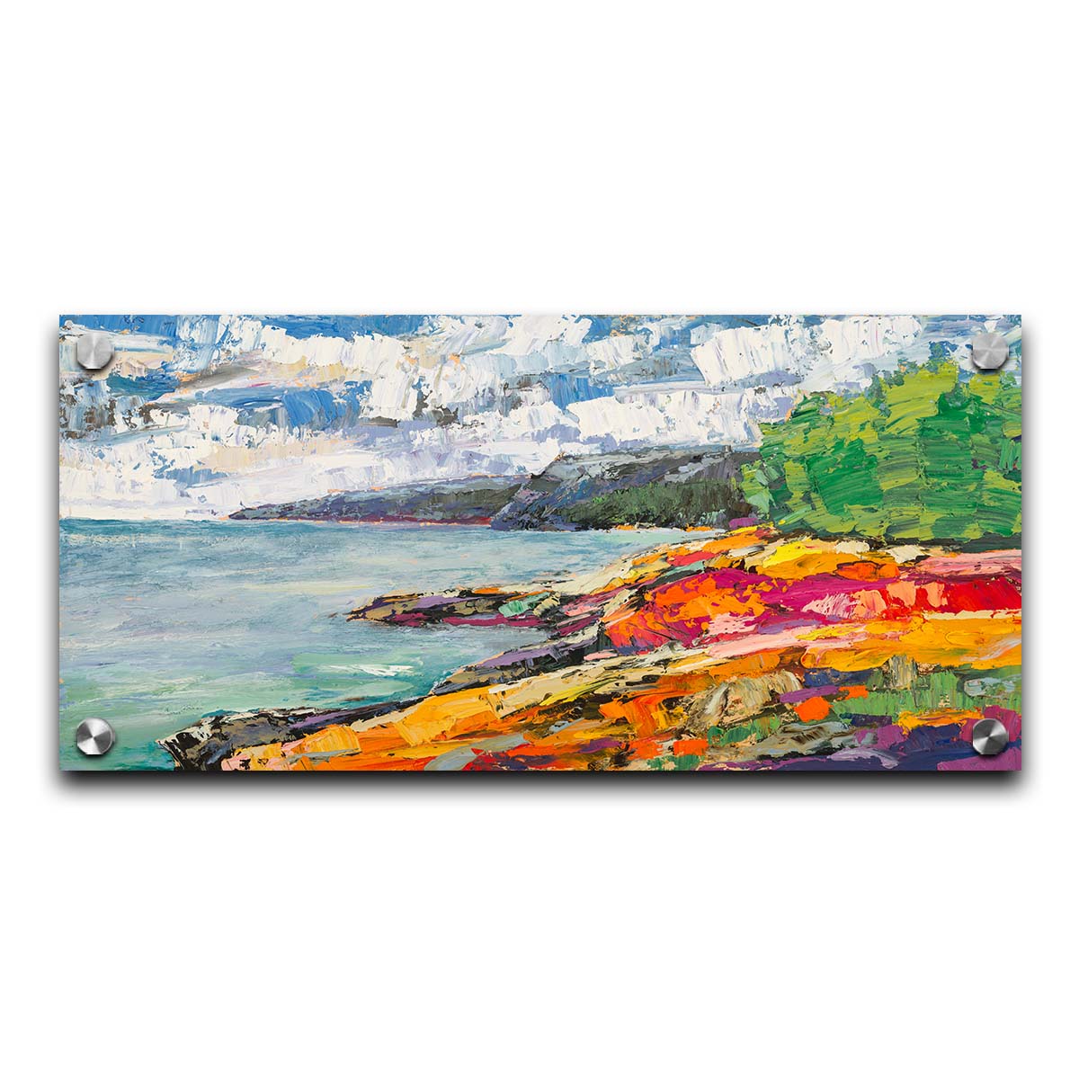 A landscape painting of a beach. The smooth water, painted in local color, is contrasted by the brushstroke-textured beach, painted in arbitrary color. Printed on acrylic.