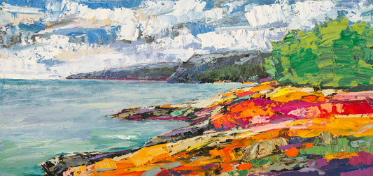 A landscape painting of a beach. The smooth water, painted in local color, is contrasted by the brushstroke-textured beach, painted in arbitrary color. 