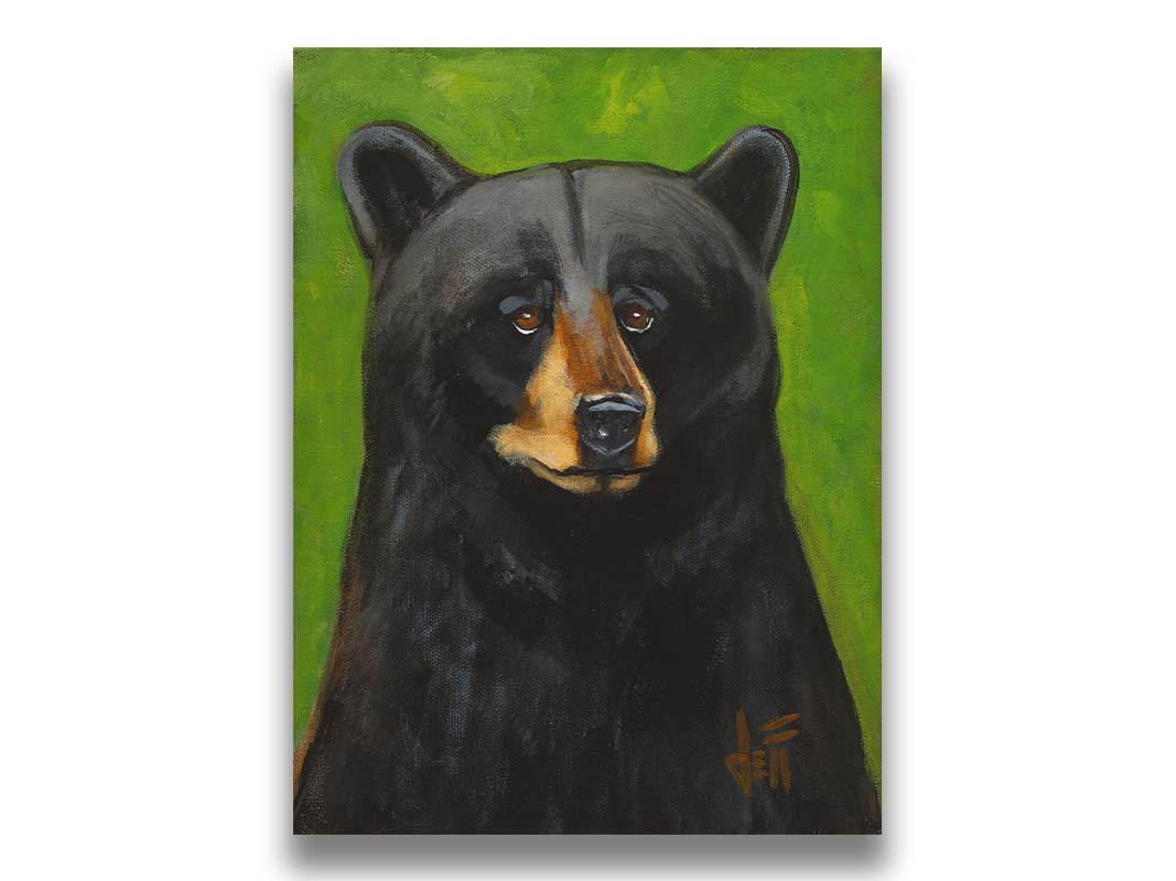 A portrait bust painting of a polite-looking black bear against a vibrant green background. Printed on canvas.