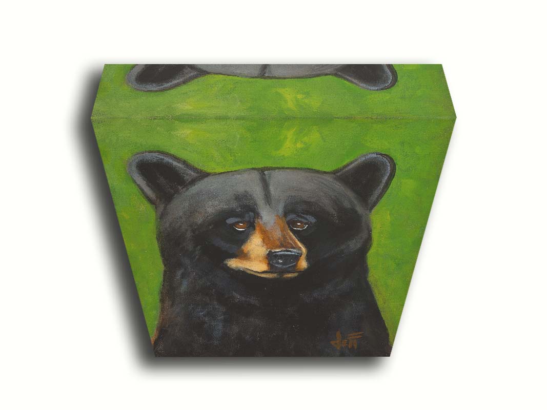 A portrait bust painting of a polite-looking black bear against a vibrant green background. Printed on canvas.