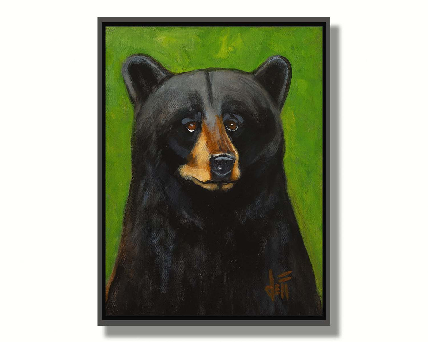 A portrait bust painting of a polite-looking black bear against a vibrant green background. Printed on canvas in a float frame.