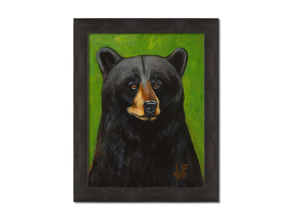 A portrait bust painting of a polite-looking black bear against a vibrant green background. Printed on canvas and framed.