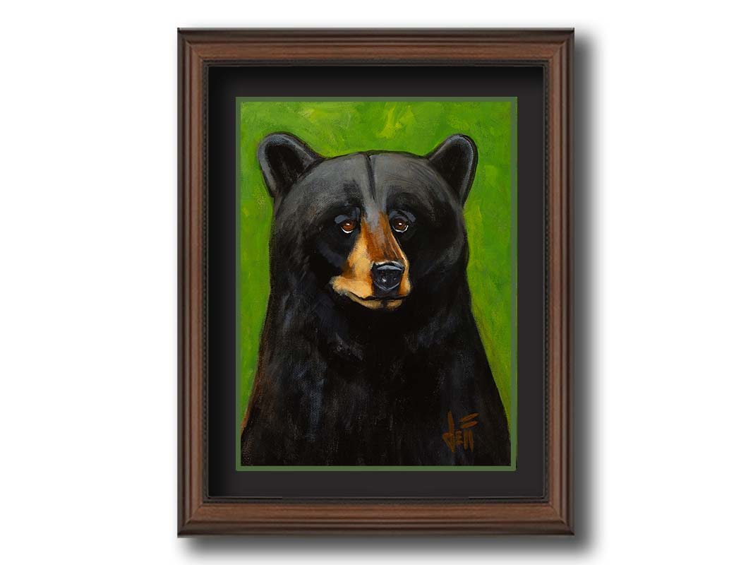 A portrait bust painting of a polite-looking black bear against a vibrant green background. Printed on paper, matted, and framed.