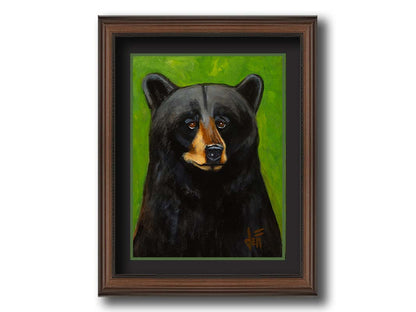 A portrait bust painting of a polite-looking black bear against a vibrant green background. Printed on paper, matted, and framed.