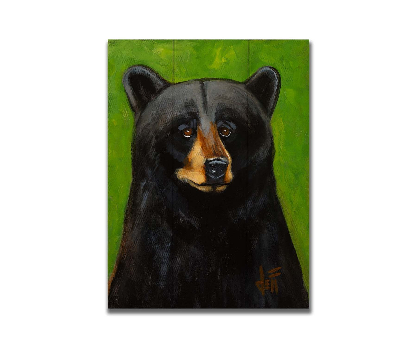 A portrait bust painting of a polite-looking black bear against a vibrant green background. Printed on a box board.