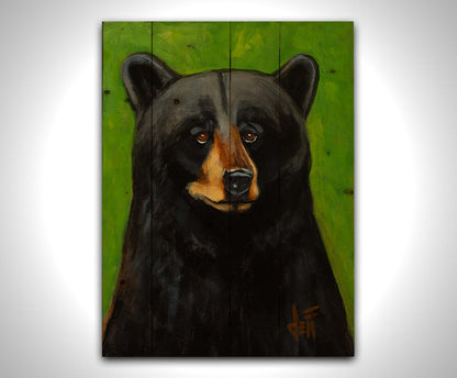 A portrait bust painting of a polite-looking black bear against a vibrant green background. Printed on a wood pallet.