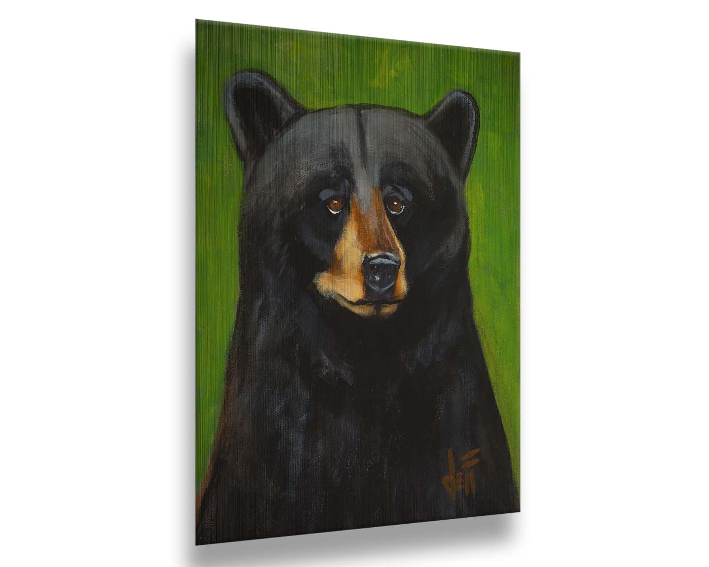 A portrait bust painting of a polite-looking black bear against a vibrant green background. Printed on metal.