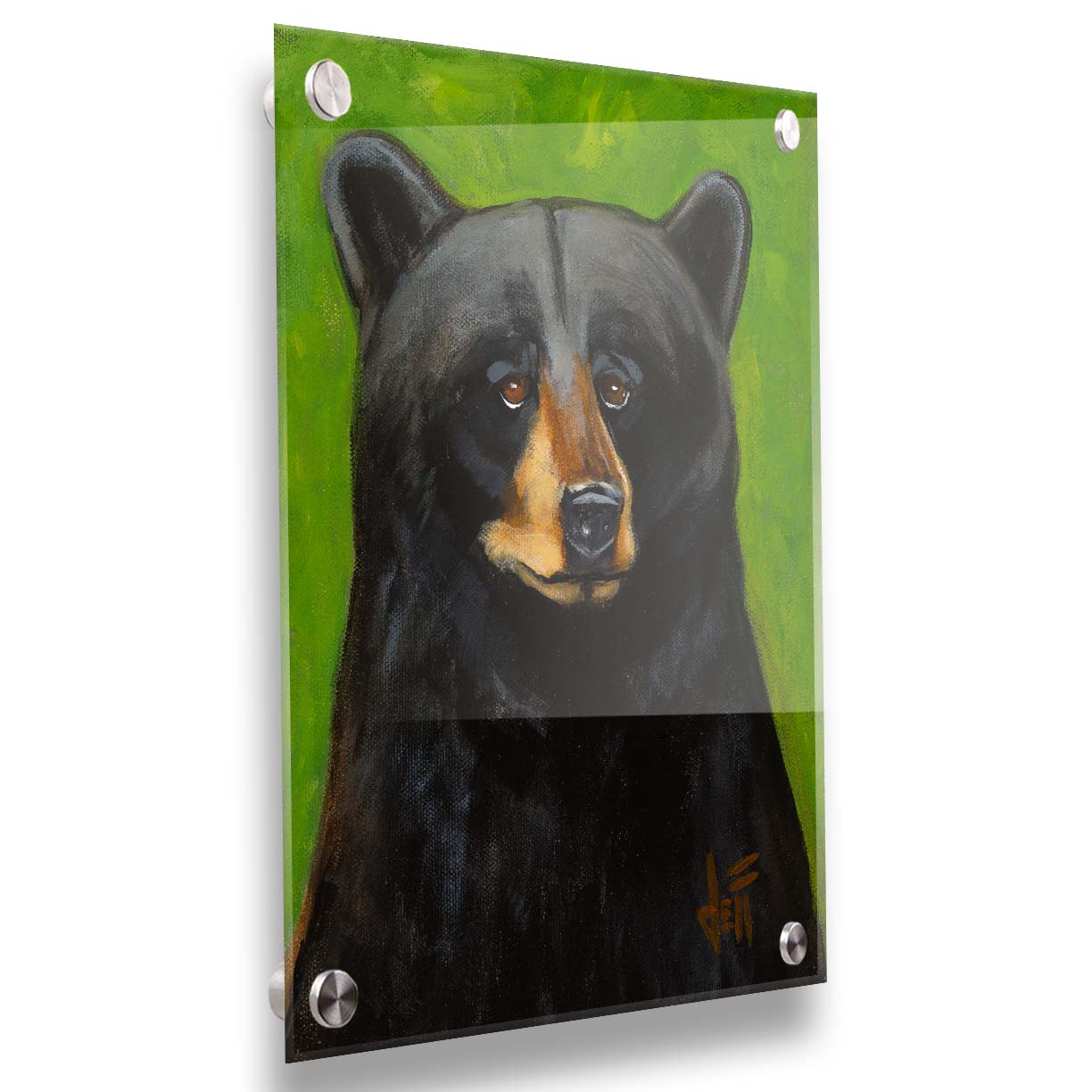 A portrait bust painting of a polite-looking black bear against a vibrant green background. Printed on acrylic.