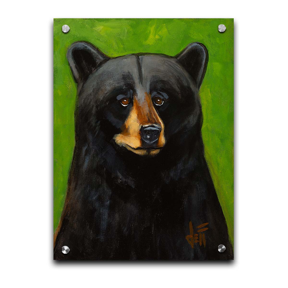 A portrait bust painting of a polite-looking black bear against a vibrant green background. Printed on acrylic.