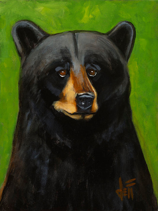 A portrait bust painting of a polite-looking black bear against a vibrant green background. 