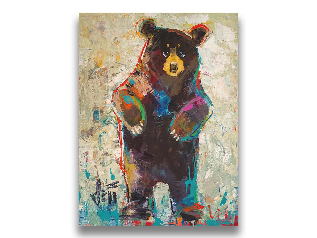 A contemporary portrait of a standing bear. The simplified stylization of the portrait focuses on the shape and movement of the bear. Colorful textured brushstrokes outline and accent the bear in blue and red, which add to the movement of the bear's dance. Printed on canvas.