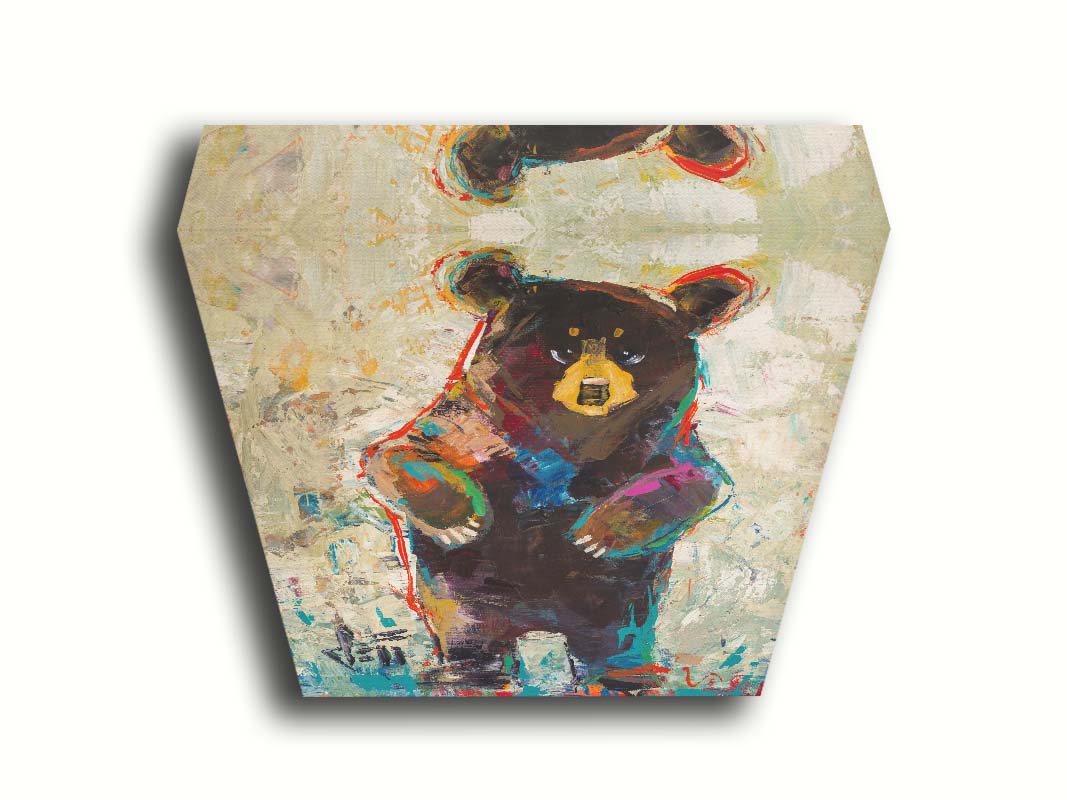 A contemporary portrait of a standing bear. The simplified stylization of the portrait focuses on the shape and movement of the bear. Colorful textured brushstrokes outline and accent the bear in blue and red, which add to the movement of the bear's dance. Printed on canvas.