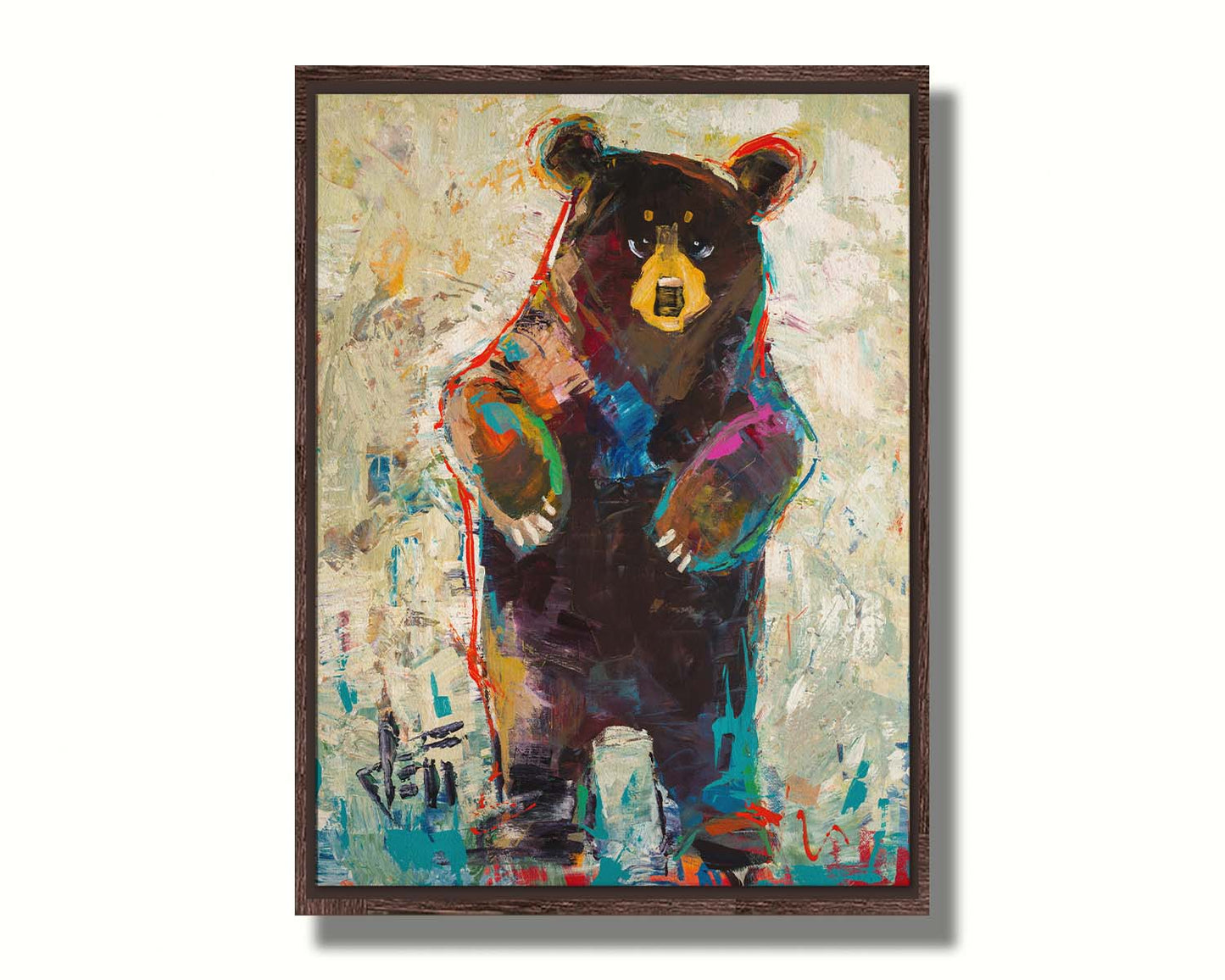 A contemporary portrait of a standing bear. The simplified stylization of the portrait focuses on the shape and movement of the bear. Colorful textured brushstrokes outline and accent the bear in blue and red, which add to the movement of the bear's dance. Printed on canvas in a float frame.