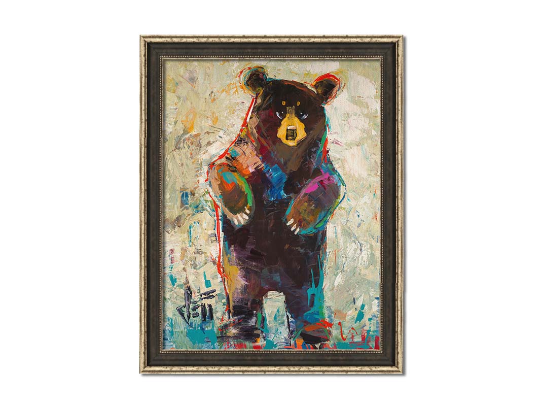 A contemporary portrait of a standing bear. The simplified stylization of the portrait focuses on the shape and movement of the bear. Colorful textured brushstrokes outline and accent the bear in blue and red, which add to the movement of the bear's dance. Printed on canvas and framed.