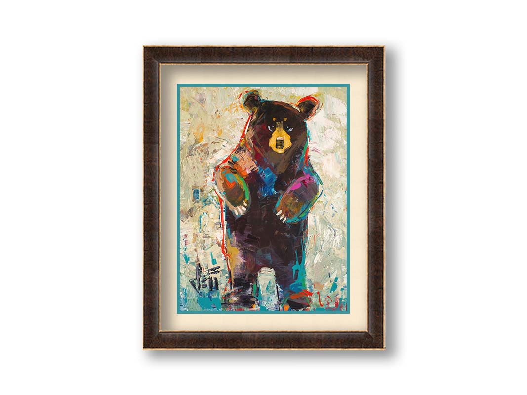 A contemporary portrait of a standing bear. The simplified stylization of the portrait focuses on the shape and movement of the bear. Colorful textured brushstrokes outline and accent the bear in blue and red, which add to the movement of the bear's dance. Printed on paper, matted, and framed.