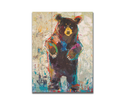 A contemporary portrait of a standing bear. The simplified stylization of the portrait focuses on the shape and movement of the bear. Colorful textured brushstrokes outline and accent the bear in blue and red, which add to the movement of the bear's dance. Printed on a box board.