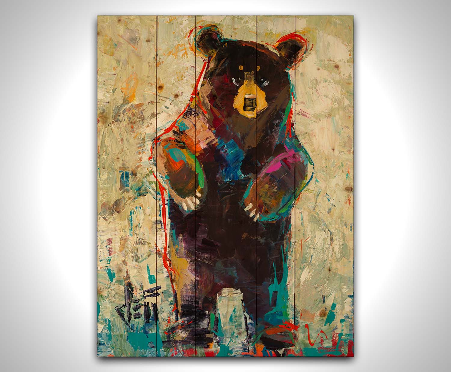 A contemporary portrait of a standing bear. The simplified stylization of the portrait focuses on the shape and movement of the bear. Colorful textured brushstrokes outline and accent the bear in blue and red, which add to the movement of the bear's dance. Printed on a wood pallet.