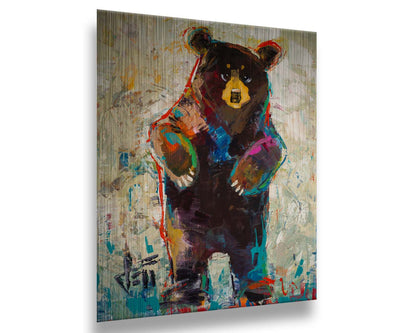 A contemporary portrait of a standing bear. The simplified stylization of the portrait focuses on the shape and movement of the bear. Colorful textured brushstrokes outline and accent the bear in blue and red, which add to the movement of the bear's dance. Printed on metal.