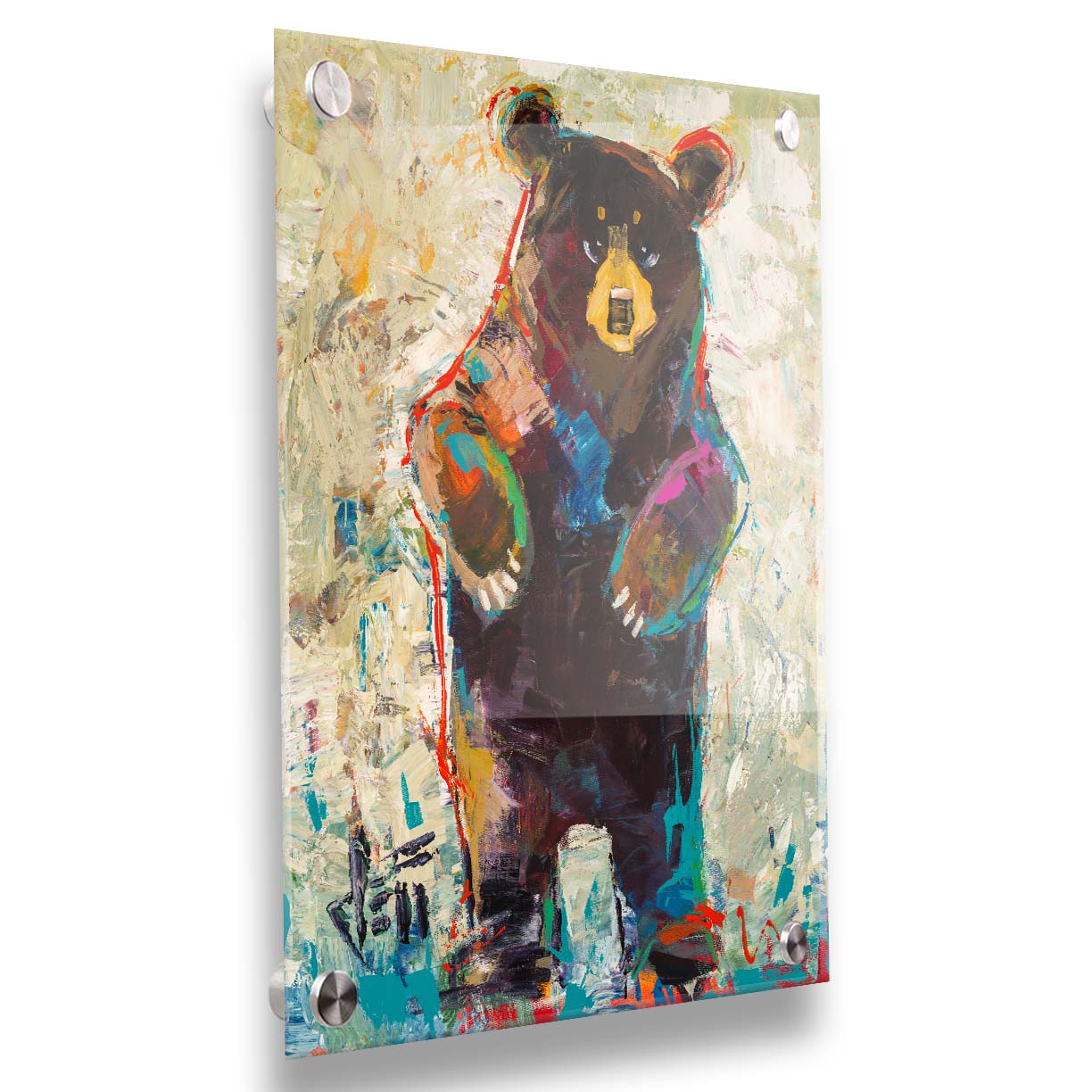 A contemporary portrait of a standing bear. The simplified stylization of the portrait focuses on the shape and movement of the bear. Colorful textured brushstrokes outline and accent the bear in blue and red, which add to the movement of the bear's dance. Printed on acrylic.