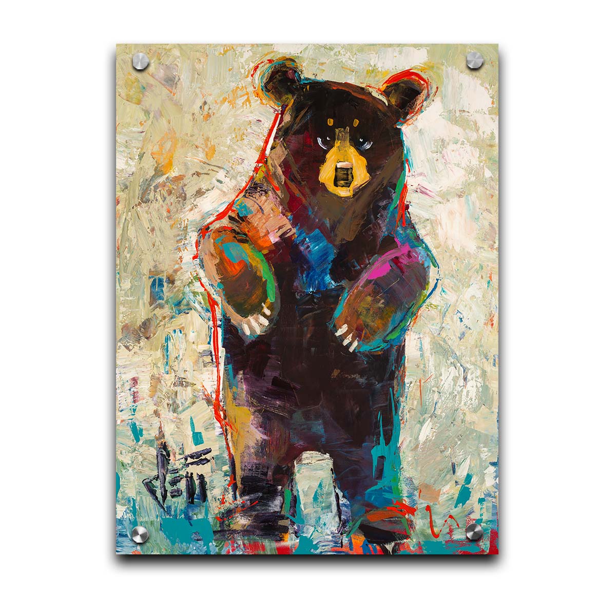 A contemporary portrait of a standing bear. The simplified stylization of the portrait focuses on the shape and movement of the bear. Colorful textured brushstrokes outline and accent the bear in blue and red, which add to the movement of the bear's dance. Printed on acrylic.