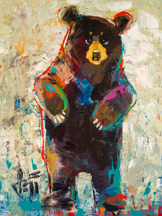 A contemporary portrait of a standing bear. The simplified stylization of the portrait focuses on the shape and movement of the bear. Colorful textured brushstrokes outline and accent the bear in blue and red, which add to the movement of the bear's dance.
