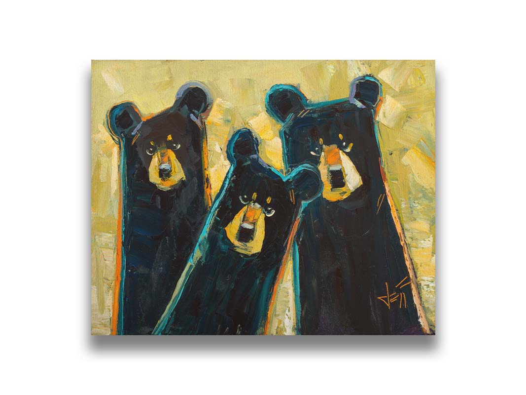 A painting of three black bears in a style utilizing simple shapes. They are outlined in blue and orange against a textured, desaturated yellow background. Printed on canvas.