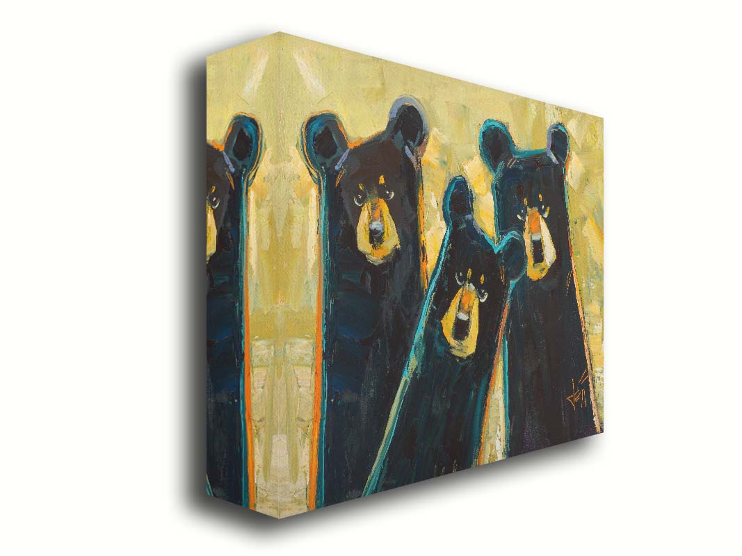 A painting of three black bears in a style utilizing simple shapes. They are outlined in blue and orange against a textured, desaturated yellow background. Printed on canvas.