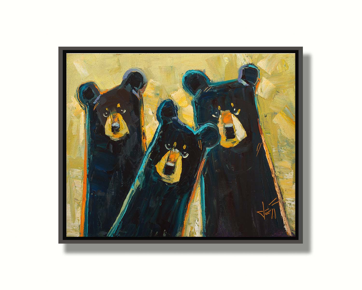 A painting of three black bears in a style utilizing simple shapes. They are outlined in blue and orange against a textured, desaturated yellow background. Printed on canvas in a float frame.