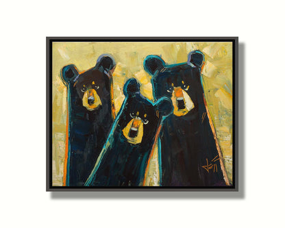 A painting of three black bears in a style utlizing simple shapes. They are outlined in blue and orange against a textured, desaturated yellow background. Printed on canvas in a float frame.