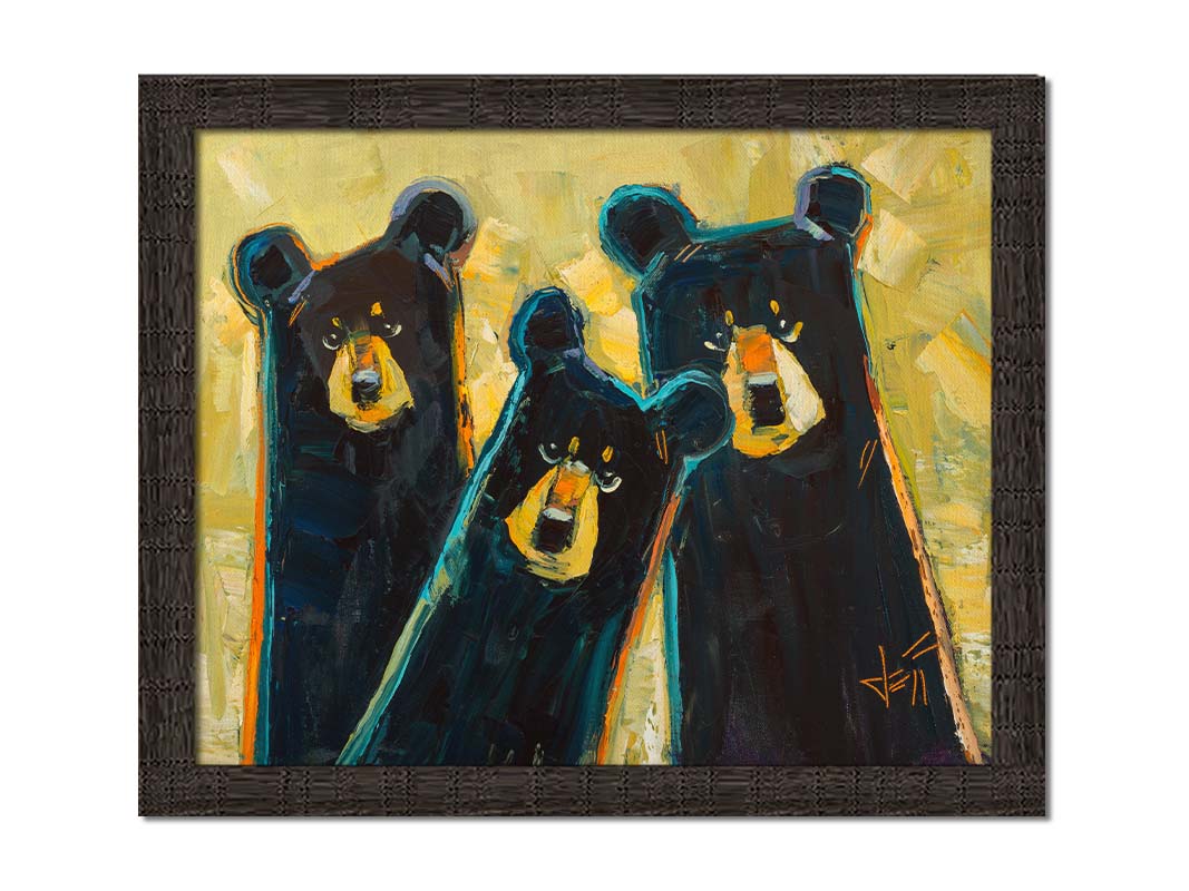 A painting of three black bears in a style utilizing simple shapes. They are outlined in blue and orange against a textured, desaturated yellow background. Printed on canvas and framed.