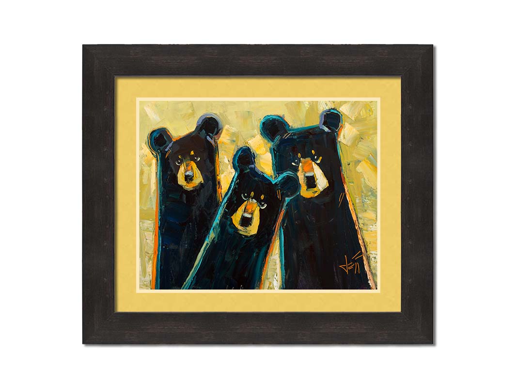 A painting of three black bears in a style utilizing simple shapes. They are outlined in blue and orange against a textured, desaturated yellow background. Printed on paper, matted, and framed.