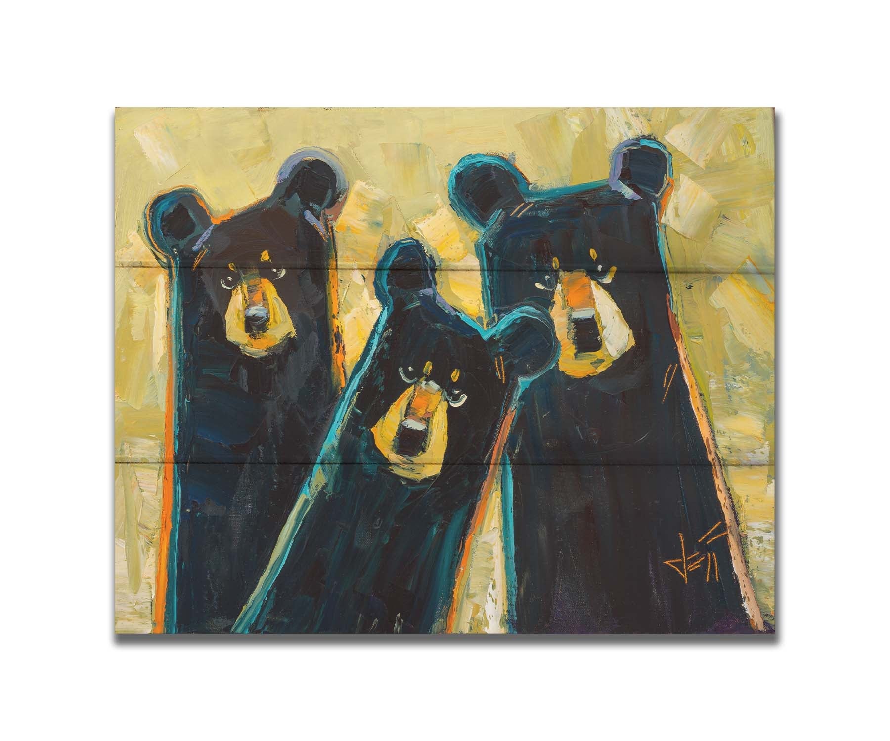 A painting of three black bears in a style utilizing simple shapes. They are outlined in blue and orange against a textured, desaturated yellow background. Printed on a box board.