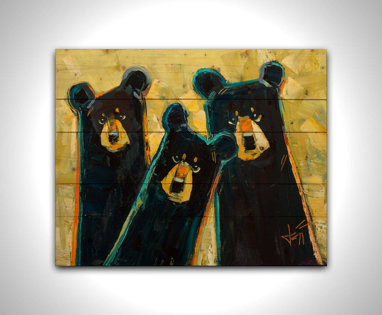 A painting of three black bears in a style utlizing simple shapes. They are outlined in blue and orange against a textured, desaturated yellow background. Printed on a wood pallet.