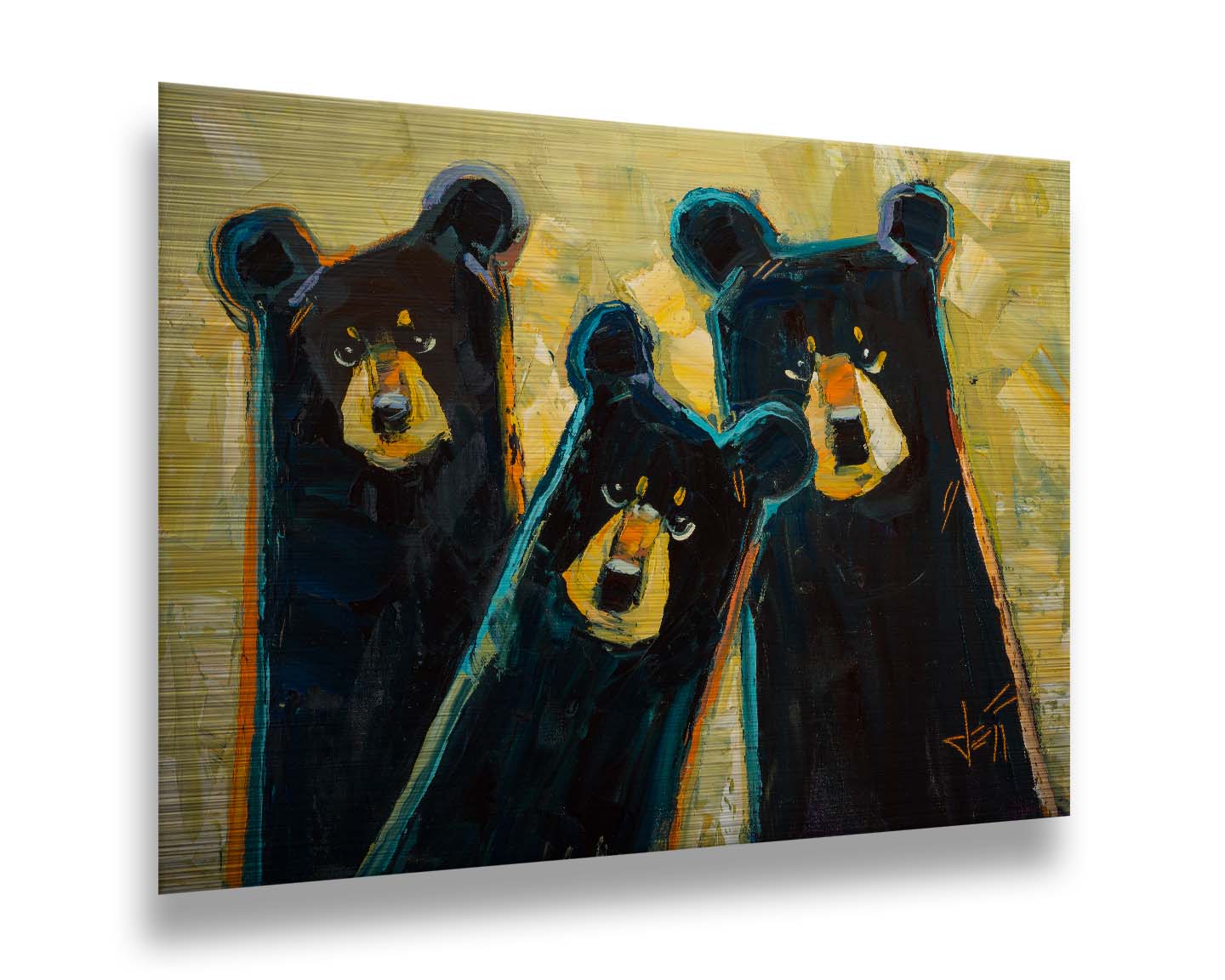 A painting of three black bears in a style utilizing simple shapes. They are outlined in blue and orange against a textured, desaturated yellow background. Printed on metal.