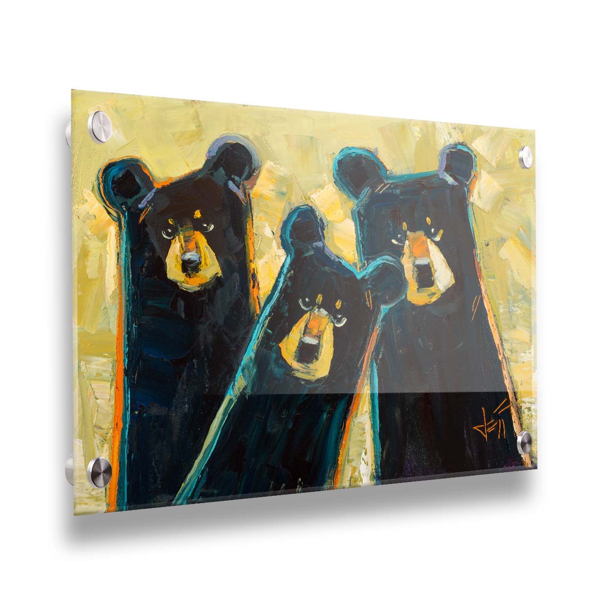 A painting of three black bears in a style utlizing simple shapes. They are outlined in blue and orange against a textured, desaturated yellow background. Printed on acrylic.