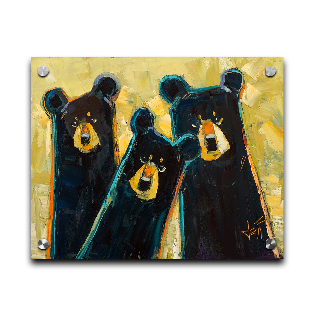 A painting of three black bears in a style utlizing simple shapes. They are outlined in blue and orange against a textured, desaturated yellow background. Printed on acrylic.