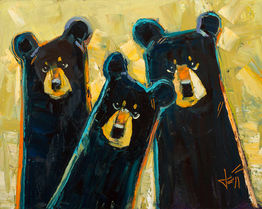 A painting of three black bears in a style utilizing simple shapes. They are outlined in blue and orange against a textured, desaturated yellow background.