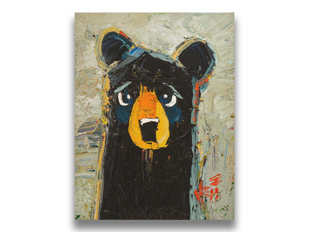 A stylized portrait painting of a black bear, set against a pale gray background. The simple shapes and flat colors are contrasted by visible palette knife and brushstrokes, which add color shift and texture. Printed on canvas.