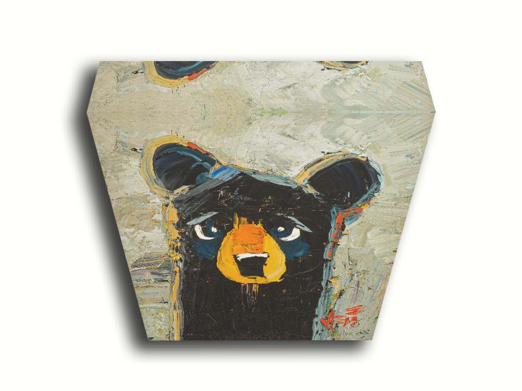 A stylized portrait painting of a black bear, set against a pale gray background. The simple shapes and flat colors are contrasted by visible palette knife and brushstrokes, which add color shift and texture. Printed on canvas.