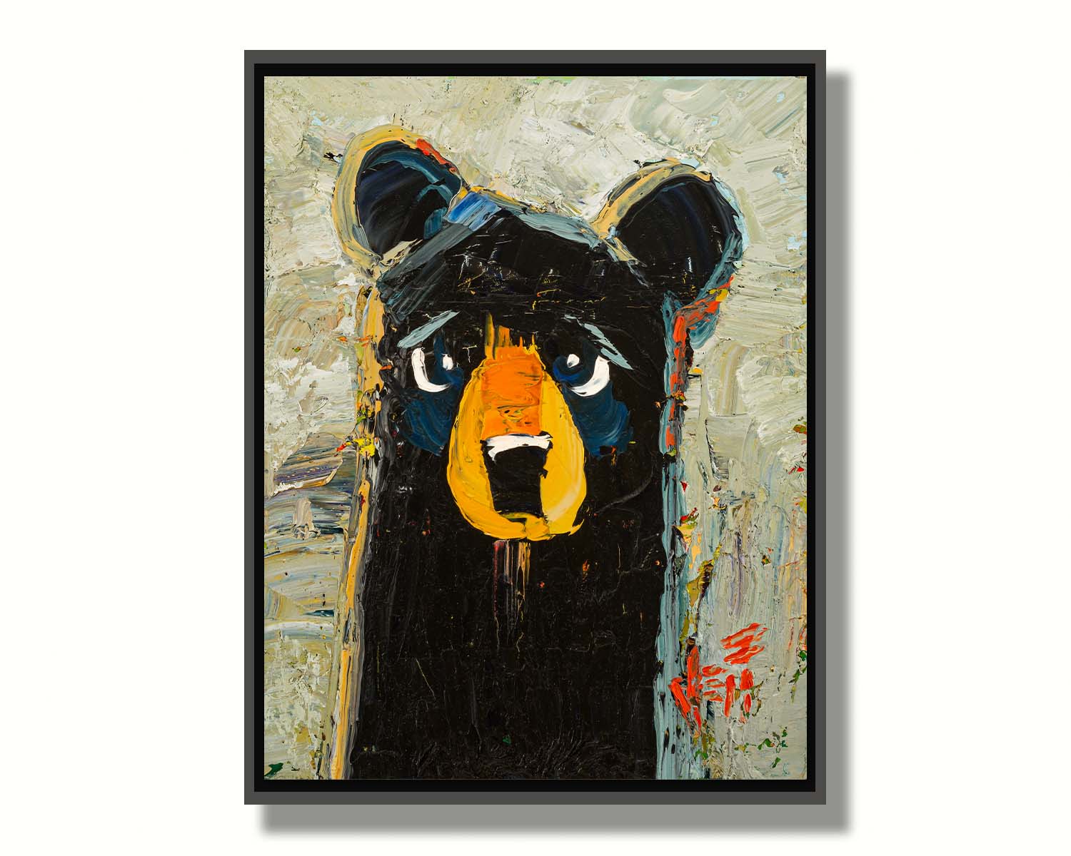 A stylized portrait painting of a black bear, set against a pale gray background. The simple shapes and flat colors are contrasted by visible palette knife and brushstrokes, which add color shift and texture. Printed on canvas in a float frame.