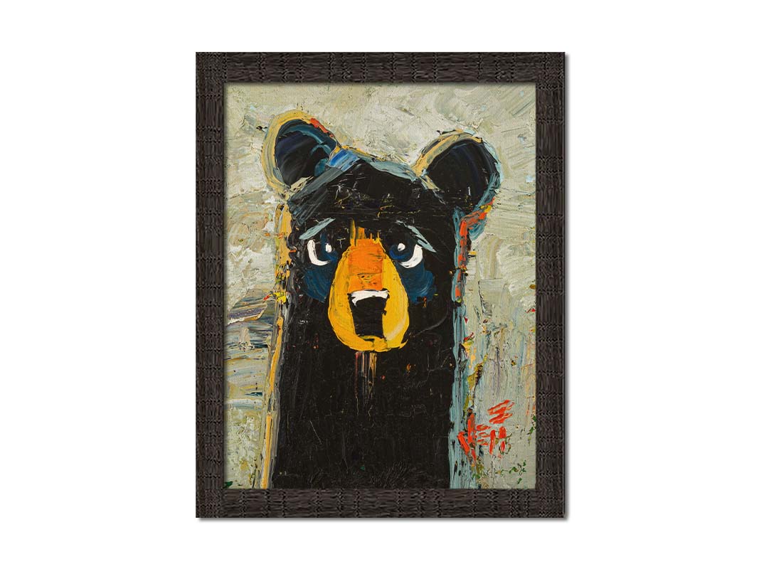 A stylized portrait painting of a black bear, set against a pale gray background. The simple shapes and flat colors are contrasted by visible palette knife and brushstrokes, which add color shift and texture. Printed on canvas and framed.