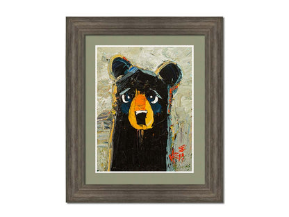 A stylized portrait painting of a black bear, set against a pale gray background. The simple shapes and flat colors are contrasted by visible palette knife and brushstrokes, which add color shift and texture. Printed on paper, matted, and framed.