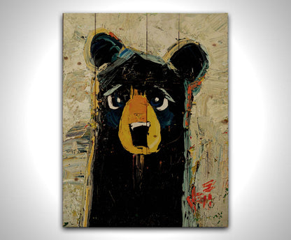 A stylized portrait painting of a black bear, set against a pale gray background. The simple shapes and flat colors are contrasted by visible palette knife and brushstrokes, which add color shift and texture. Printed on a wood pallet.