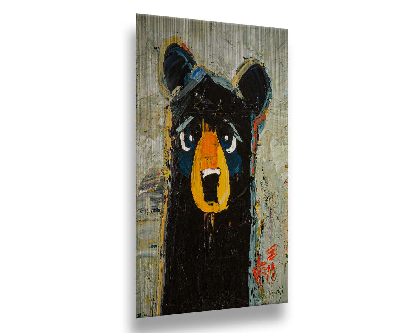 A stylized portrait painting of a black bear, set against a pale gray background. The simple shapes and flat colors are contrasted by visible palette knife and brushstrokes, which add color shift and texture. Printed on metal.