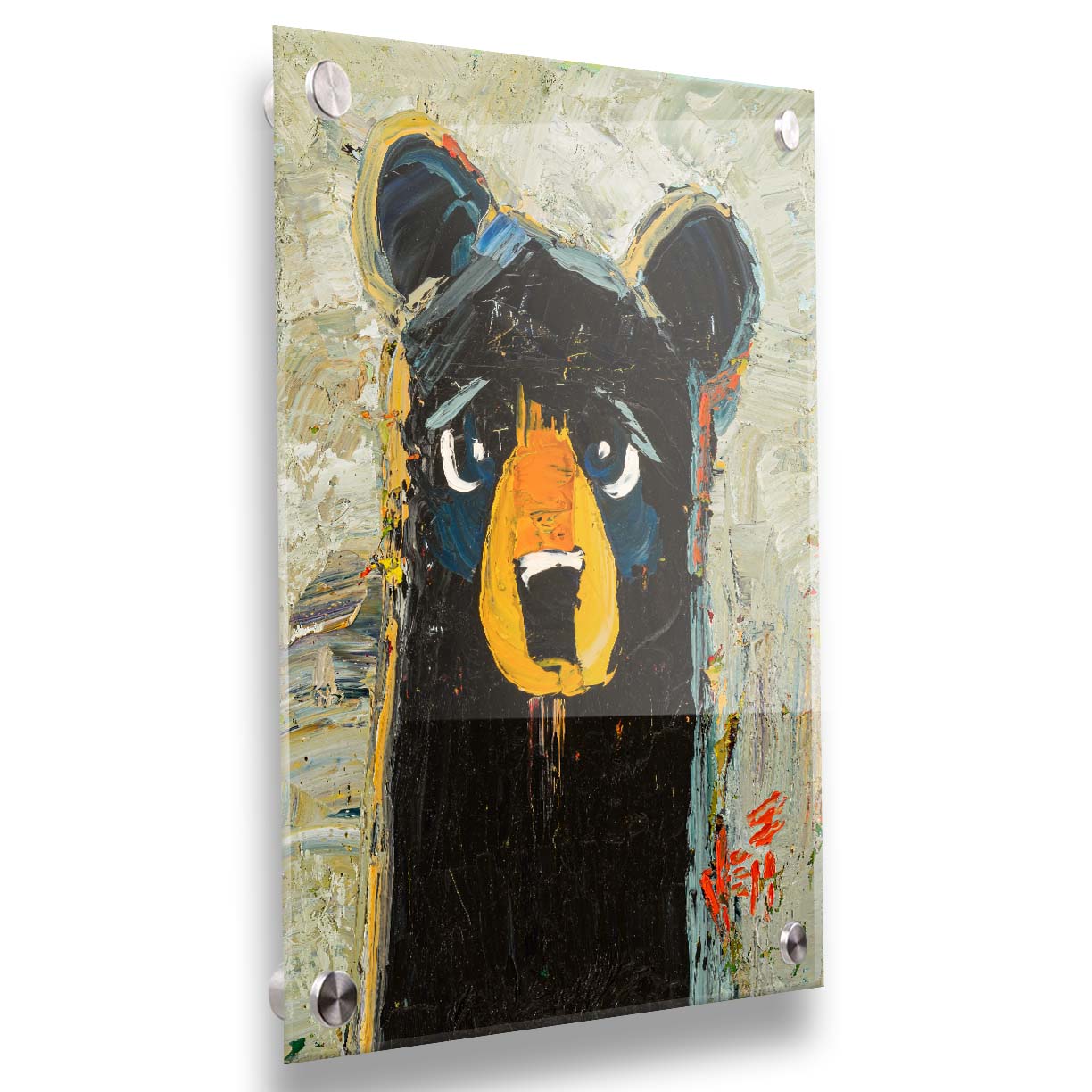 A stylized portrait painting of a black bear, set against a pale gray background. The simple shapes and flat colors are contrasted by visible palette knife and brushstrokes, which add color shift and texture. Printed on acrylic.