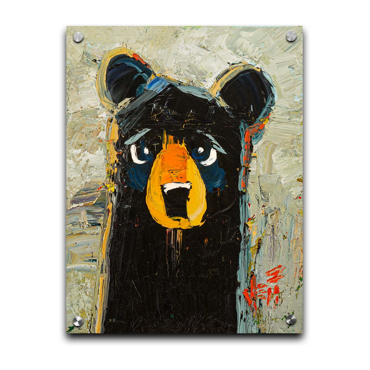 A stylized portrait painting of a black bear, set against a pale gray background. The simple shapes and flat colors are contrasted by visible palette knife and brushstrokes, which add color shift and texture. Printed on acrylic.