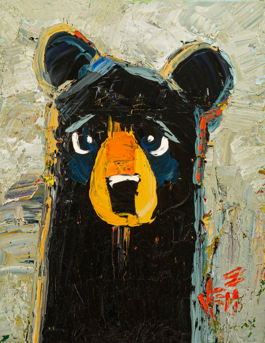 A stylized portrait painting of a black bear, set against a pale gray background. The simple shapes and flat colors are contrasted by visible palette knife and brushstrokes, which add color shift and texture.
