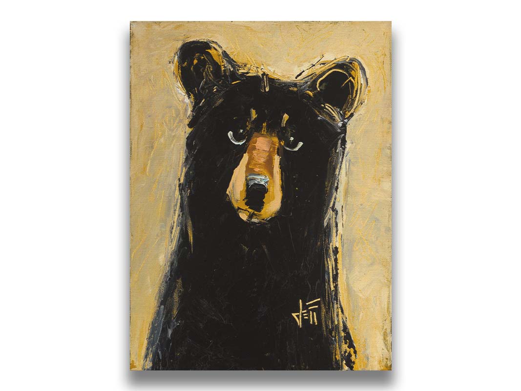 A stylized painting of a black bear against a muted yellow background. The use of flat colors emphasizes the shape of the bear, which is textured using visible brushstrokes to roughen the edges. Printed on canvas.